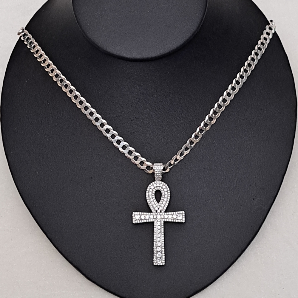 925 Sterling Sliver CZ Egyptian Ankh Cross Necklace 20